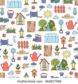 Vector seamless pattern with hand drawn colored symbols of spring and garden on white color. Background for use in design, packing, textile, fabric