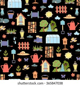Vector seamless pattern with hand drawn colored symbols of spring and garden on black color. Background for use in design, packing, textile, fabric