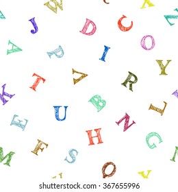 Vector seamless pattern. Hand drawn colorful doodle letters alphabet. English uppercase scribbled serif font. Vector lettering design. 