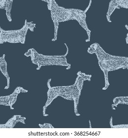 Vector seamless pattern with hand drawn dogs made in textured way. Beautiful design elements.