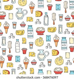 Vector seamless pattern with hand drawn colored dairy products, milk. Background for use in design, packing, textile, fabrics