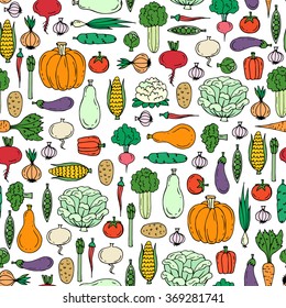 Vector seamless pattern with hand drawn colored vegetables. Pattern on the theme of useful and organic food. Background for use in design, packing, web site, textile, fabrics