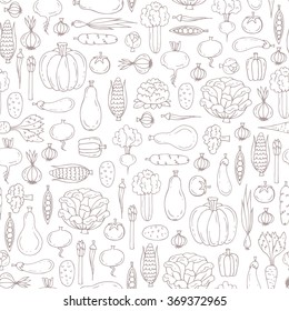 Vector seamless pattern with hand drawn isolated vegetables on white color. Pattern on the theme of useful and organic food. Background for use in design, packing, web site, textile, fabrics