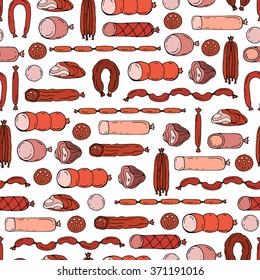 Vector seamless pattern with hand drawn sausage products. Pattern on the theme of food. Background for use in design, packing, web site, fabrics