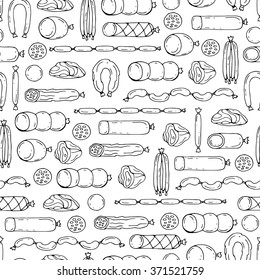 Vector seamless pattern with hand drawn isolated sausage products on white color. Pattern on the theme of food. Background for use in design, packing, web site, fabrics