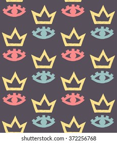 vector seamless pattern of hand drawn red and blue eyes and yellow crowns on gray background
