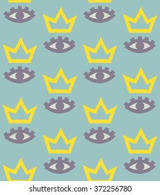 vector seamless pattern of hand drawn gray eyes and yellow crowns on turquoise background