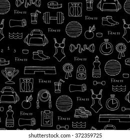 Vector seamless pattern with hand drawn symbols of fitness and sport on black color. Pattern on the theme of healthy lifestyle. Background for use in design, packing, web site, fabrics