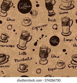 Vector seamless pattern with hand drawn coffee. Good background for menu cafe design.