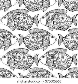 Vector seamless pattern with Hand drawn fish with floral elements in black and white doodle style. Pattern for coloring book