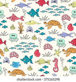 Vector seamless pattern with hand drawn colored fish. Pattern on the theme of underwater world. Background for use in design, packing, web site, fabrics