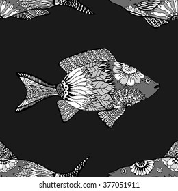 Vector seamless pattern with Hand drawn fish with floral elements in black and white doodle style. Pattern for coloring book