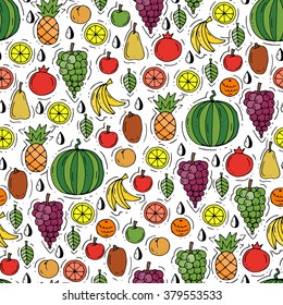 Vector seamless pattern with hand drawn colored fruits. Pattern on the theme of fresh food. Background for use in design, packing, web site, fabric