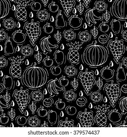 Vector seamless pattern with hand drawn isolated fruits on black color. Pattern on the theme of fresh food. Background for use in design, packing, web site, fabric