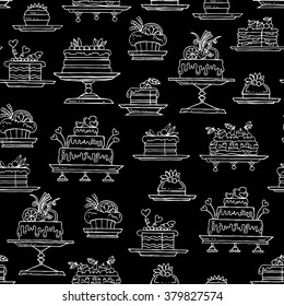 Vector seamless pattern with hand drawn isolated cakes on black color. Pattern on the theme of food, desserts. Background for use in design, packing, web site, fabric