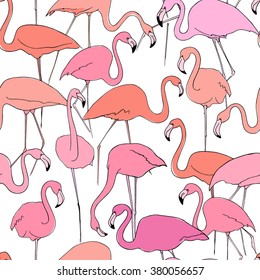 Vector seamless pattern with hand drawn graceful flamingos. Beautiful ink drawing, perfect for prints and patterns.