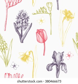 Vector seamless pattern with hand drawn spring flowers sketch. Decorative background with vintage flowers for greeting card or invitation in pastel colors.