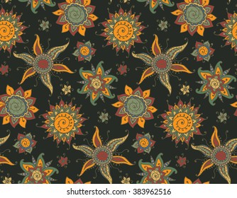 Vector seamless pattern with hand drawn traditional Indian henna elements, sun and floral ornament
