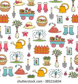 Vector seamless pattern with hand drawn colored symbols of garden. Pattern on the theme of work and spring. Background for use in design, packing, web site, fabric