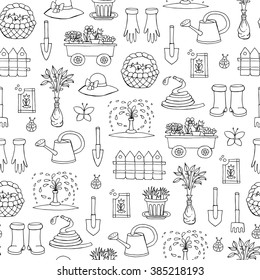 Vector seamless pattern with hand drawn isolated symbols of garden on white color. Pattern on the theme of work and spring. Background for use in design, packing, web site, fabric