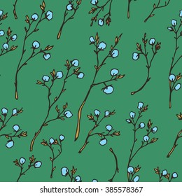 Vector seamless pattern with hand drawn spring blooming branches. Beautiful design elements, vintage colors.