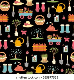 Vector seamless pattern with hand drawn colored symbols of garden on black color. Pattern on the theme of work and spring. Background for use in design, packing, web site, fabric