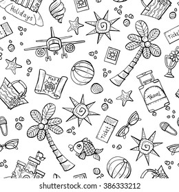 Vector seamless pattern with hand drawn isolated symbols of summer and holidays on white color. Pattern on the theme of travel, tourism. Background for use in design, packing, web site, fabric