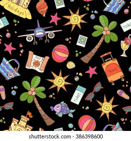 Vector seamless pattern with hand drawn colored symbols of summer and holidays on black color. Pattern on the theme of travel, tourism. Background for use in design, packing, web site, fabric