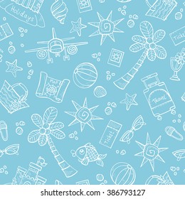 Vector seamless pattern with hand drawn isolated symbols of summer and holidays on blue color. Pattern on the theme of travel, tourism. Background for use in design, packing, web site, fabric