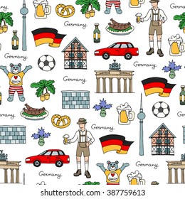 Vector seamless pattern with hand drawn colored symbols of Germany. Pattern on the theme of travel and tourism. Background for use in design, packing, web site, fabric