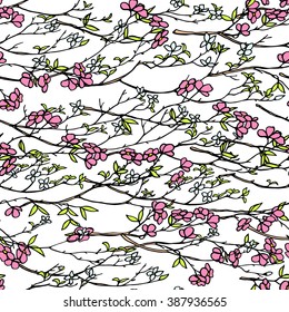 Vector seamless pattern with hand drawn blooming branches. Beautiful design elements, vintage colors.