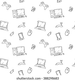 A vector seamless pattern of hand drawn doodles of electronic gadgets and devices. Computer, laptop, monitor