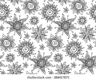 Vector seamless pattern with hand drawn henna mehndi sun and floral elements.