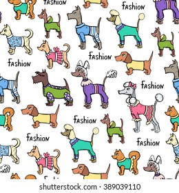 Vector seamless pattern with hand drawn colored dogs. Pattern on the theme of fashion, clothes for dogs. Background for use in design, packing, web site, fabric