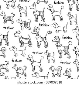 Vector seamless pattern with hand drawn isolated dogs on white color. Pattern on the theme of fashion, clothes for dogs. Background for use in design, packing, web site, fabric