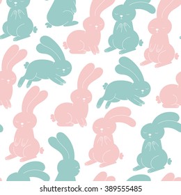Vector seamless pattern of hand drawn pastel rabbits on white background.
