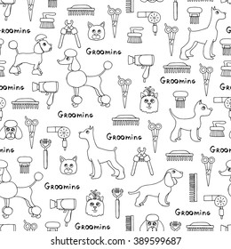Vector seamless pattern with hand drawn isolated dogs, grooming symbols on white color. Pattern on the theme of fashion, beauty. Background for use in design, packing, web site, fabric
