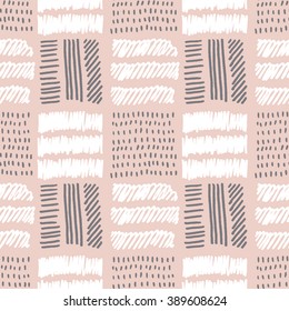 Vector seamless pattern with hand drawn white textured brush strokes and stripes hand painted. Gray, white, pink colors.