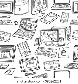 A vector seamless pattern of hand drawn doodles of electronic gadgets. Computer, laptop, monitor