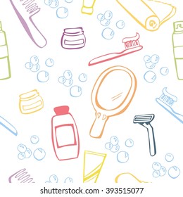 Vector seamless pattern with hand drawn objects Morning routine. Colorful doodle objects on white background.