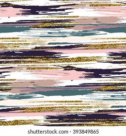 Vector seamless pattern with hand drawn gold glitter textured brush strokes and stripes hand painted. Black, gold, pink, green, beige colors.