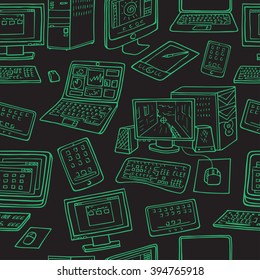 A vector seamless pattern of hand drawn doodles of electronic gadgets. Computer, laptop, monitor