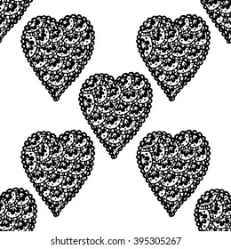 Vector seamless pattern with hand drawn zentangle hearts. Romantic design template. Adult coloring book page. Zen doodle for relax and concentration.

