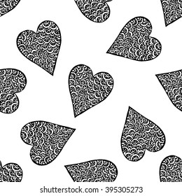 Vector seamless pattern with hand drawn zentangle hearts. Romantic design template. Adult coloring book page. Zen doodle for relax and concentration.

