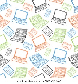 vector seamless pattern of hand drawn doodles of electronic gadgets. Laptop, PC, Phone, Tablet