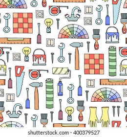 Vector seamless pattern with hand drawn colored tools for repair.