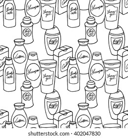 Vector seamless pattern of hand drawn collection with different body and hair care products on  white background.  Monochrome texture for different use 