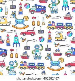 Vector seamless pattern with hand drawn colored toys for boys.  Pattern on the theme of activities for children, games. Background for use in design, packing, web site, fabric