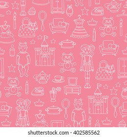 Vector seamless pattern with hand drawn toys for girls on pink color.  Pattern on the theme of activities for children, games. Background for use in design, packing, web site, fabric