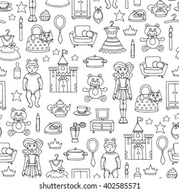 Vector seamless pattern with hand drawn toys for girls on white color.  Pattern on the theme of activities for children, games. Background for use in design, packing, web site, fabric